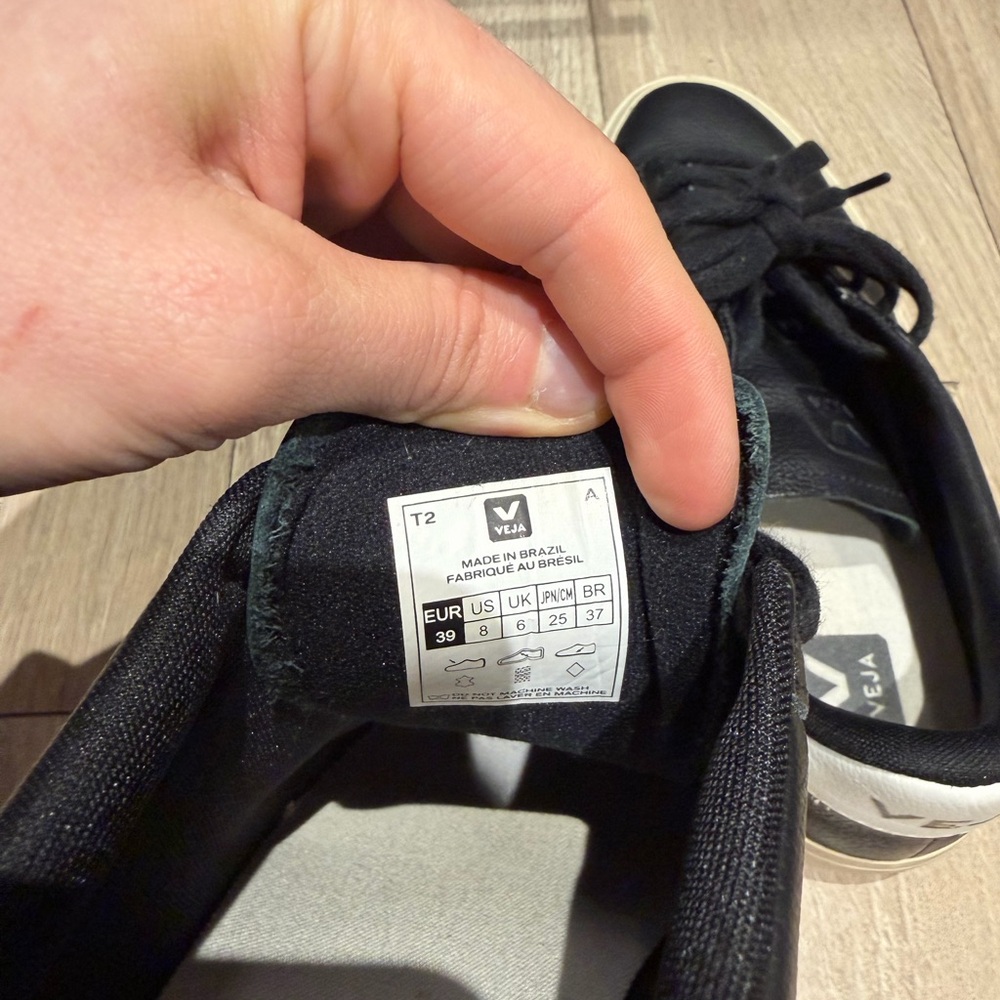 Veja Black Leather Sneakers with White V Logo - Picture 5 of 6